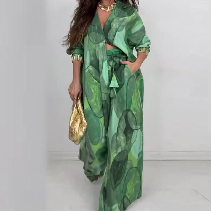 Dawn | Modisches 2-teiliges Set mit Druck: Langarm-Bluse und Weitbeinhose