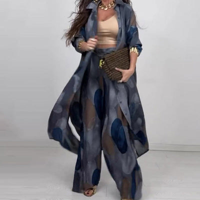 Ora | Modisches 2-teiliges Set mit Druck: Langarm-Bluse und Weitbeinhose