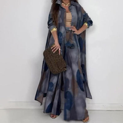 Dawn | Modisches 2-teiliges Set mit Druck: Langarm-Bluse und Weitbeinhose