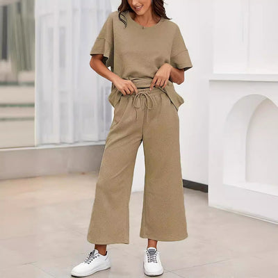 Molly | Sommer-Schnäppchen -50% Rabatt - Lässiges, lockeres, einfarbiges, kurzärmliges Oberteil und weite Hose, zweiteiliges Set