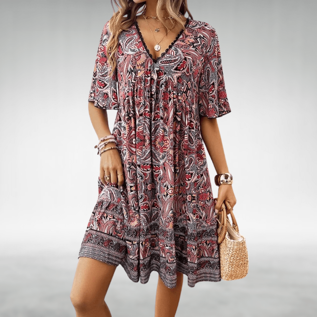 Talina - Bohemian Paisley Print V-Ausschnitt Sommerkleid