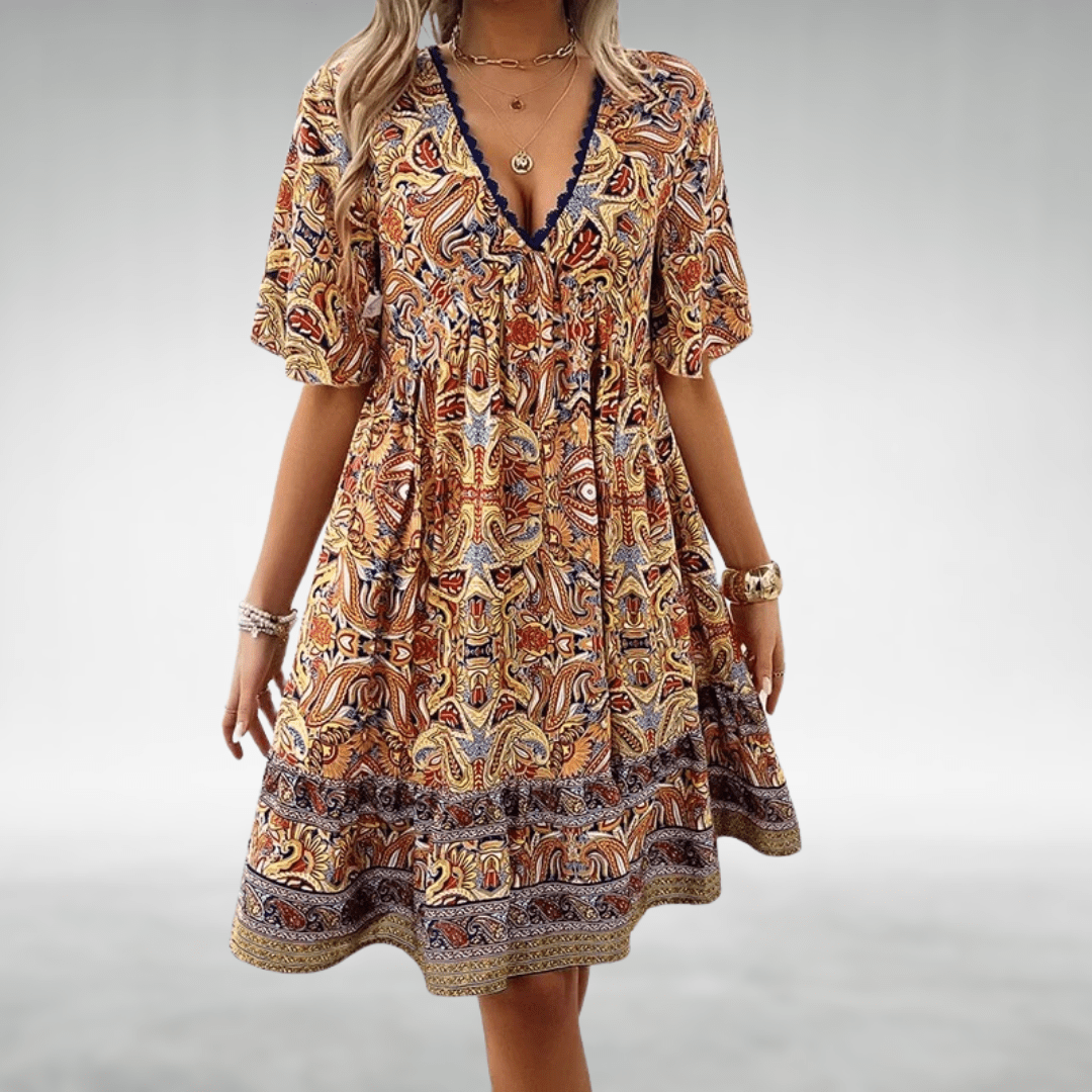 Talina - Bohemian Paisley Print V-Ausschnitt Sommerkleid