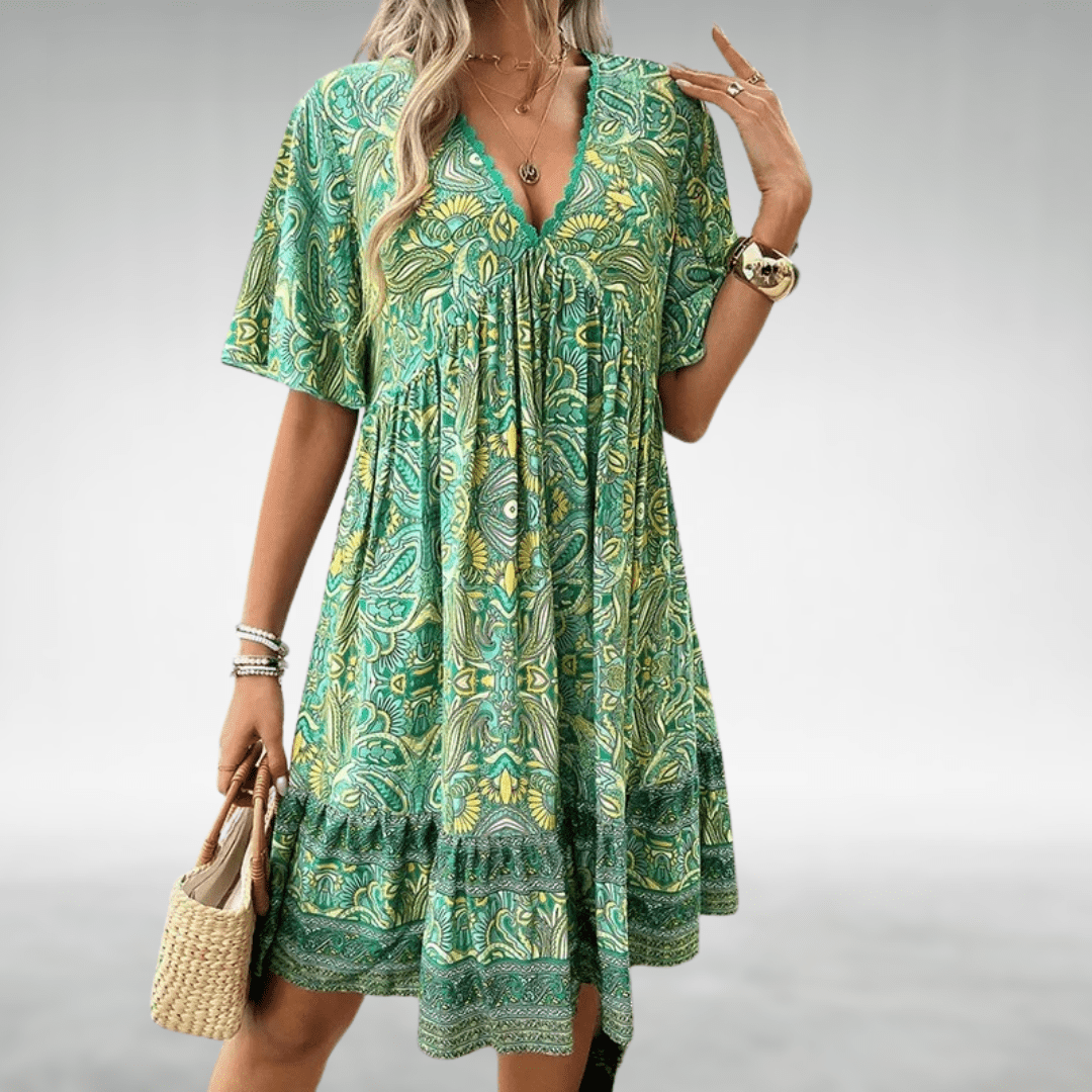 Talina - Bohemian Paisley Print V-Ausschnitt Sommerkleid