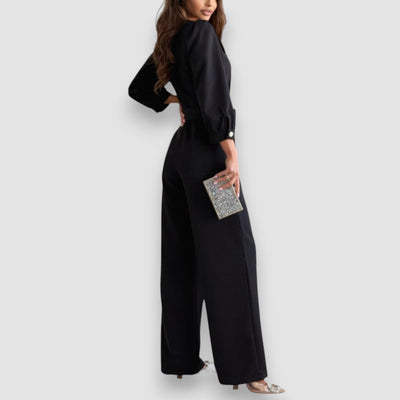 Stella | Langärmeliger Jumpsuit mit gebundenem V-Ausschnitt und weitem Bein