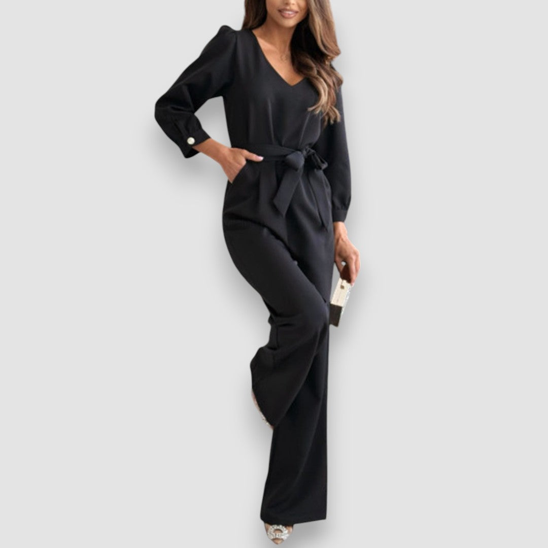 Stella | Langärmeliger Jumpsuit mit gebundenem V-Ausschnitt und weitem Bein