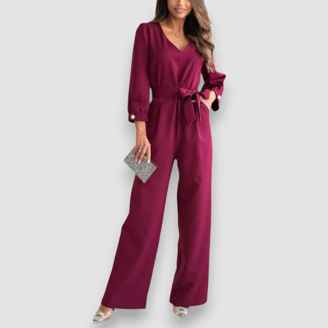 Stella | Langärmeliger Jumpsuit mit gebundenem V-Ausschnitt und weitem Bein