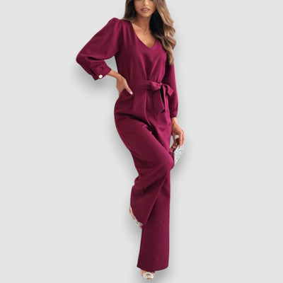 Stella | Langärmeliger Jumpsuit mit gebundenem V-Ausschnitt und weitem Bein