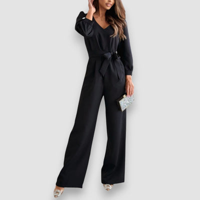 Stella | Langärmeliger Jumpsuit mit gebundenem V-Ausschnitt und weitem Bein