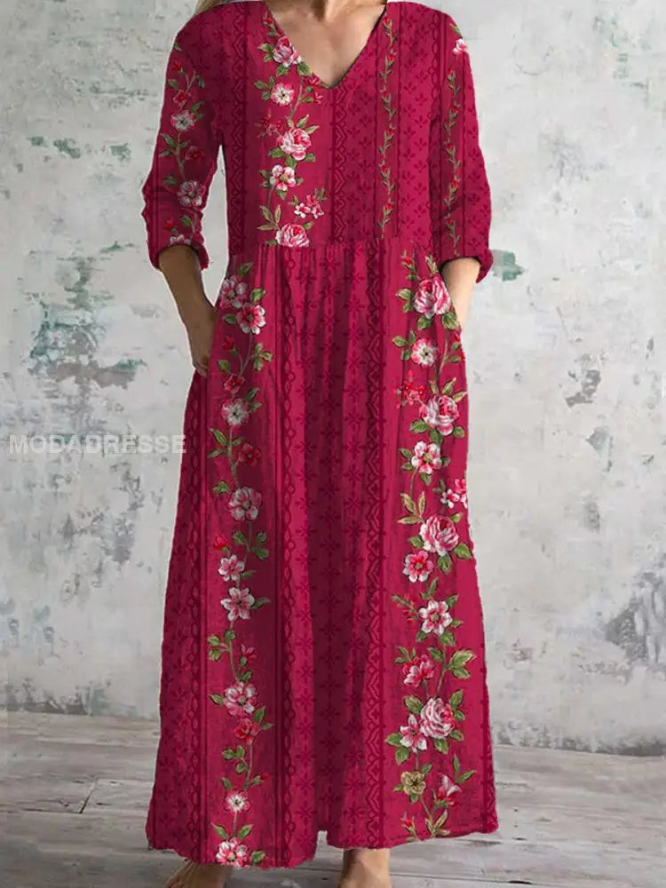 Elegantes Midi-Kleid mit Vintage Blumenmuster, V-Ausschnitt und drei Viertel Ärmeln
