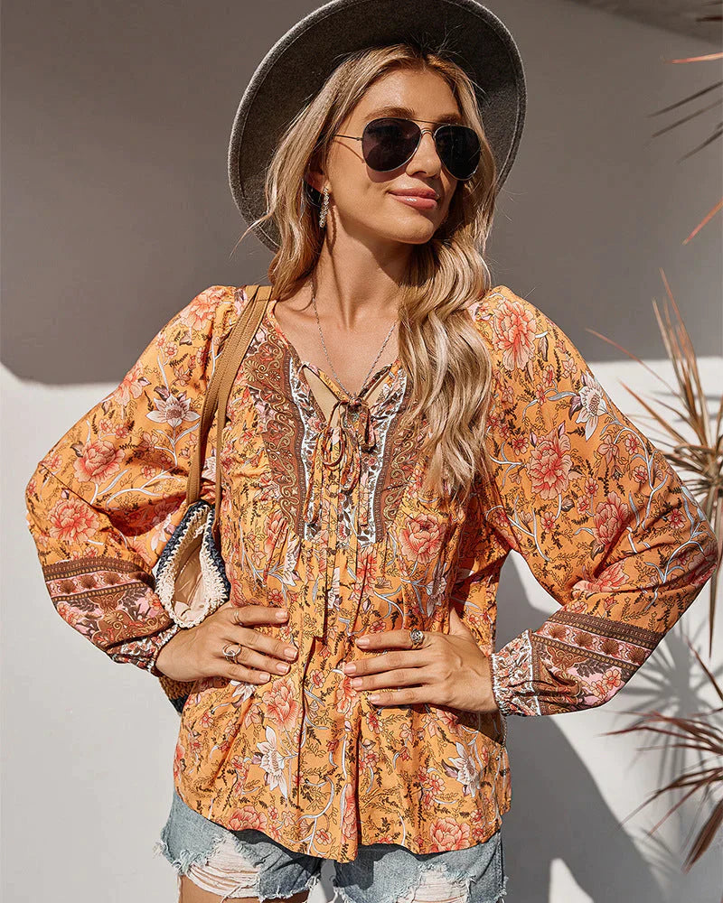 Vintage Boho Sommerbluse mit Blumenprint und langen Ärmeln – Sana